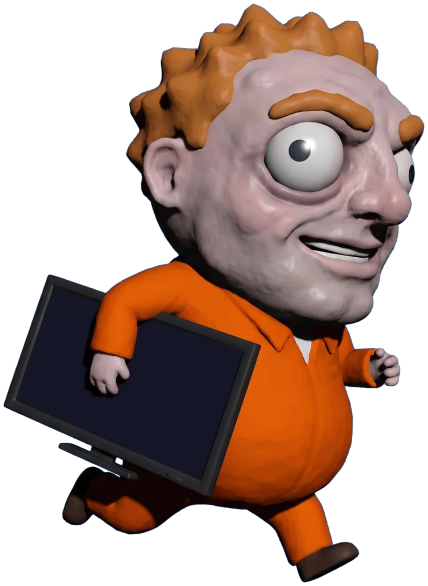 The suspect: a sweaty man in an orange jumpsuit running with a flat-screen TV